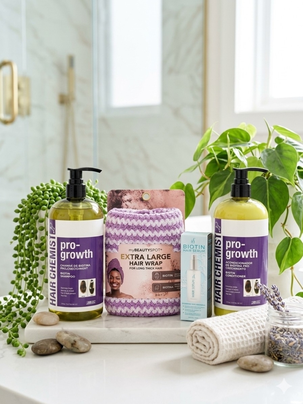 NWT 4-Piece Salon Hair Care Set: Shampoo, Conditioner, Serum & Hair Wrap